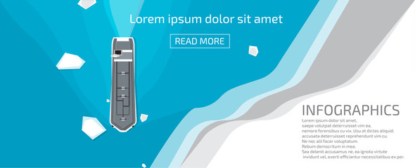 A floating dry cargo ship in the sea and the coast of cold geographic latitudes, in the middle of ice and icebergs. © unien