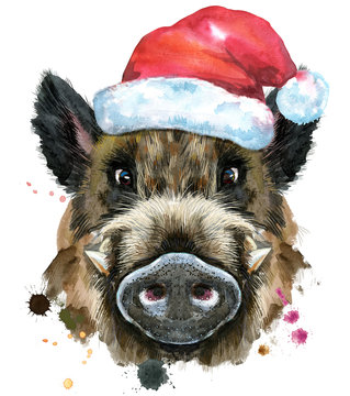 Watercolor portrait of wild boar in Santa hat