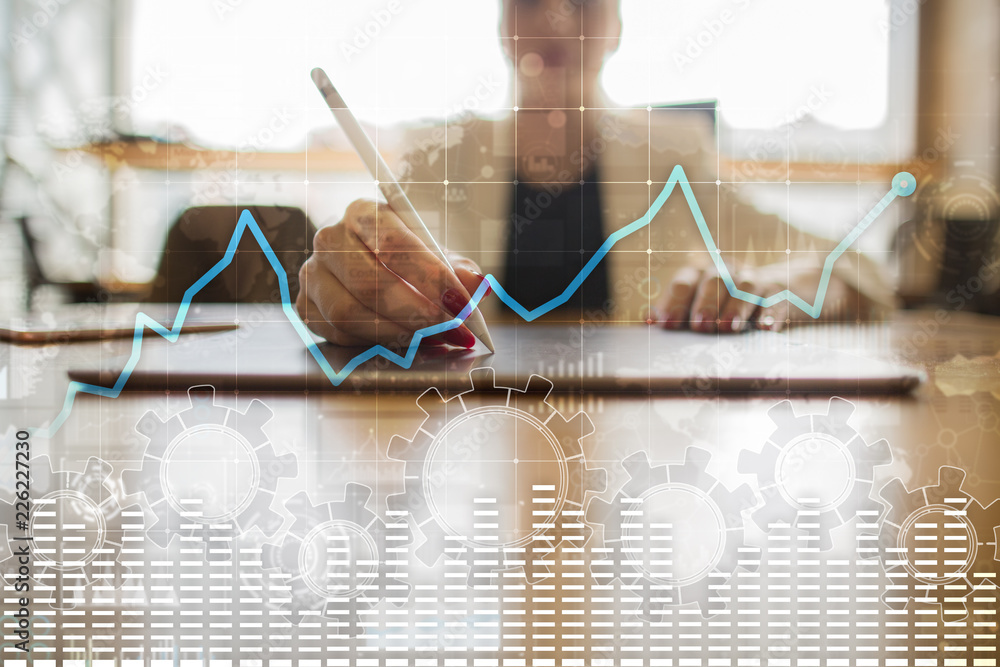 Poster data analysis graph on virtual screen. business finance and technology concept.