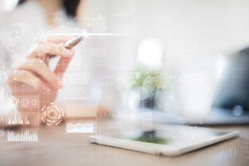 Internet, Business and technology concept. Icons, diagrams and graphs background on virtual screen.