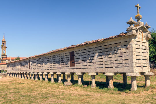 Side view of world's largest horreo, a traditional grain storage building located in Carnota, Galicia, Spain