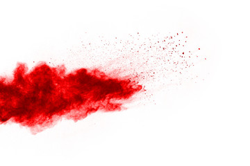 Freeze motion of red powder exploding, isolated on white background. Abstract design of red dust cloud. Particles explosion screen saver, wallpaper
