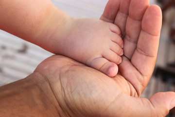 childs feet into the fathers hand, fathers day, small baby feet in the hands of man, appreciation of father, family care, support of dad