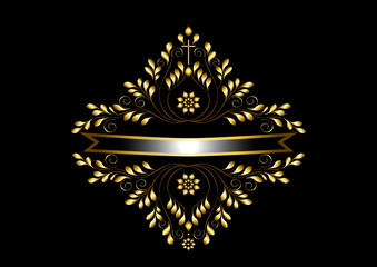 Gold frame with leaf and curled details around silver ribbon with gold frame on black background