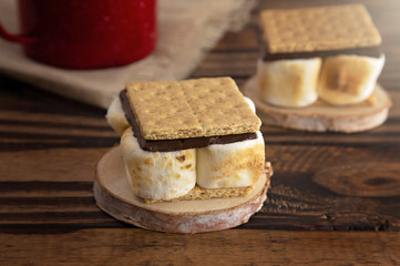 Homemade Smores on a Wooden Table Which are the Perfect Camping Dessert