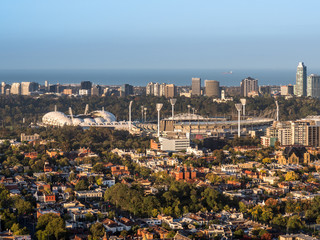 Aerial view above Melbourne's sports precinct