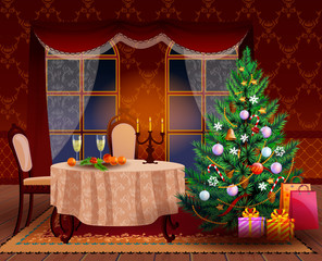 Christmas tree in the living room and holiday dinner with candles. New year decorated interior with spruce.