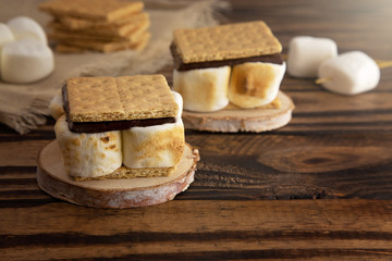 Fototapeta na wymiar Homemade Smores on a Wooden Table Which are the Perfect Camping Dessert