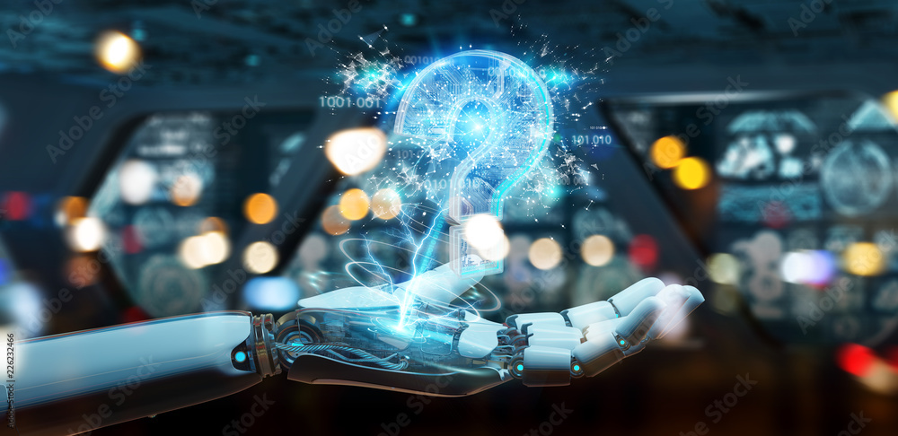Aufkleber cyborg solving problem with digital question marks 3d rendering