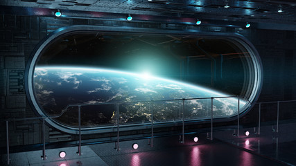 Obraz premium Black tech spaceship round window interior background 3D rendering