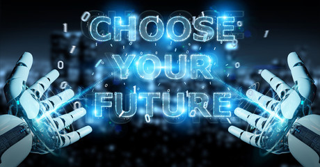 White cyborg hand using future decision text interface 3D rendering