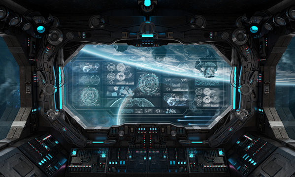 Dark spaceship interior with control panel digital screens 3D rendering