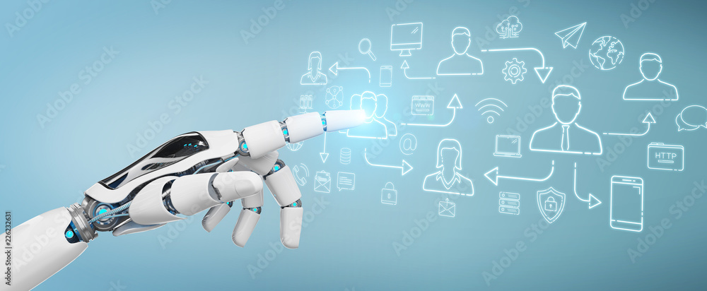 Poster white robot controlling social network icons interface