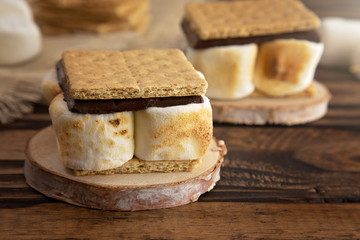 Homemade Smores on a Wooden Table Which are the Perfect Camping Dessert