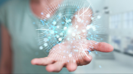 Businesswoman using digital eye surveillance hologram 3D rendering