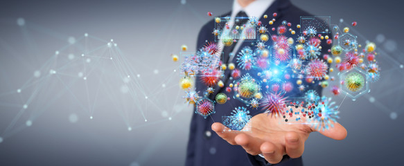 Businessman analyzing bacteria microscopic close-up 3D rendering