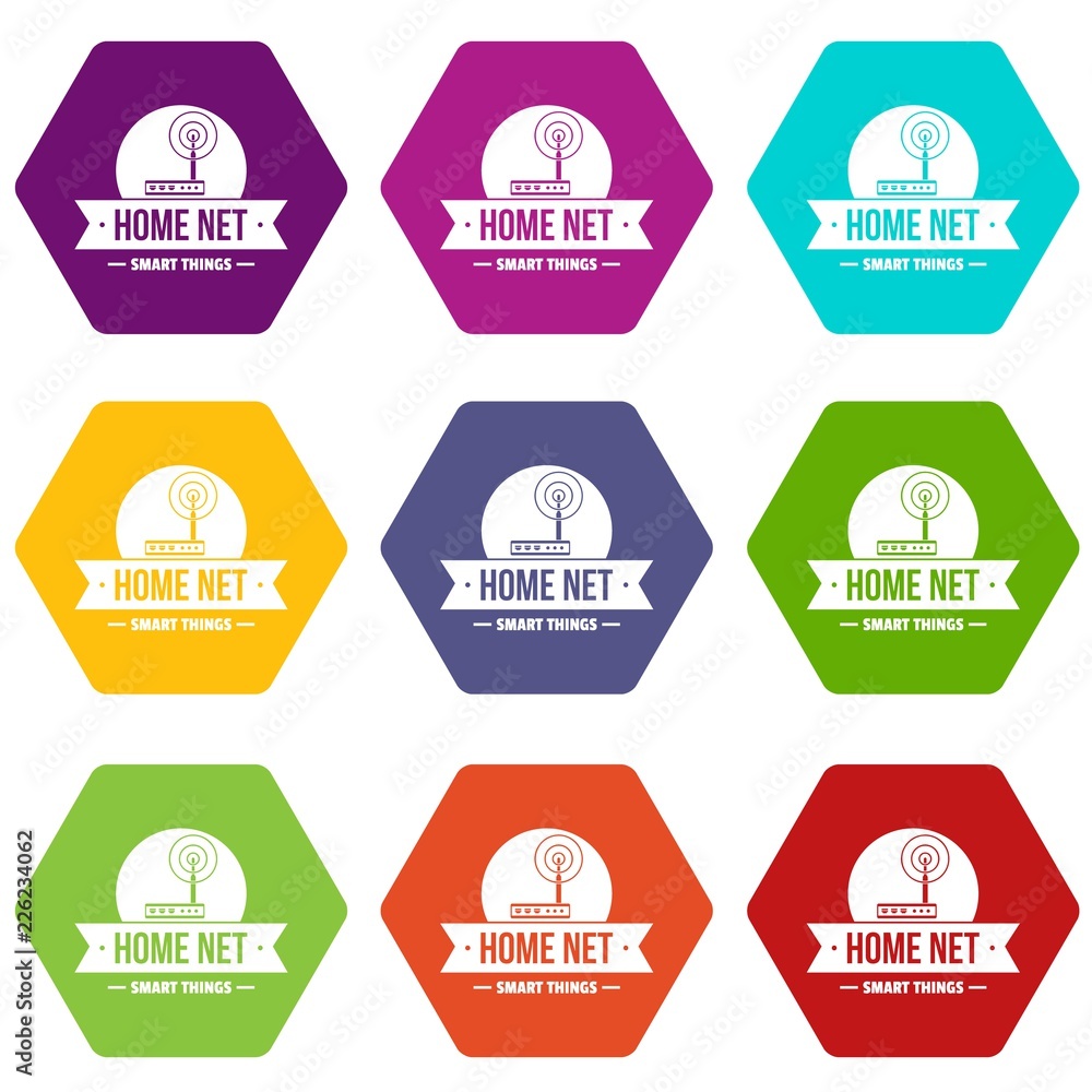 Poster home net icons 9 set coloful isolated on white for web