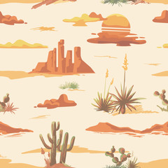 Vintage beautiful seamless desert illustration pattern. Landscape with cactus, mountains, sunset vector hand drawn style background