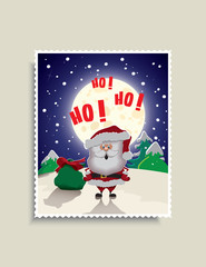 New Year greeting card-Santa Claus singing a Christmas carol with the moon in the background.