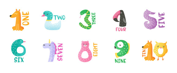 Cute animal numbers from 1 to 9 hand drawn vector illustration for stickers, nursery poster, baby invitation card, flyer, greetings, wall art