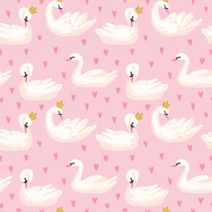 Naklejka premium Beautiful Seamless Pattern with white Swans and Hearts, use for Baby Background, Textile Prints, Covers, Wallpaper, Posters. Vector Illustration