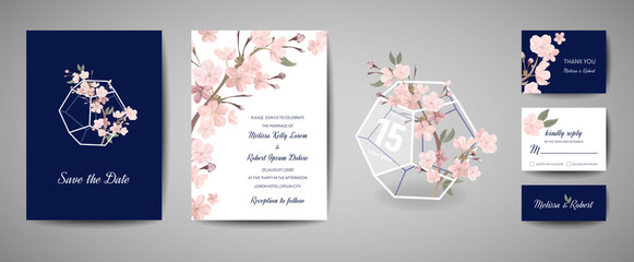 Set of Botanical retro wedding invitation card, vintage Save the Date, template design of sakura flowers and leaves, cherry blossom illustration. Vector trendy cover, pastel graphic poster, brochure - obrazy, fototapety, plakaty