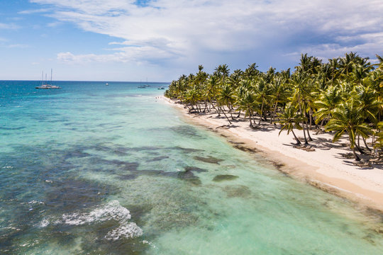 Scenic drone view of white sand beach at  Saona island, Dominican Republic