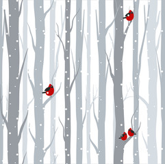 Vectorillustratie van naadloos patroon met grijze bomen, berken en rode vogels in de winter met sneeuw in platte cartoonstijl.