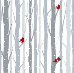 Wall murals Birch trees Vector illustration of seamless pattern with grey trees birches and red birds in winter time with snow in flat cartoon style.