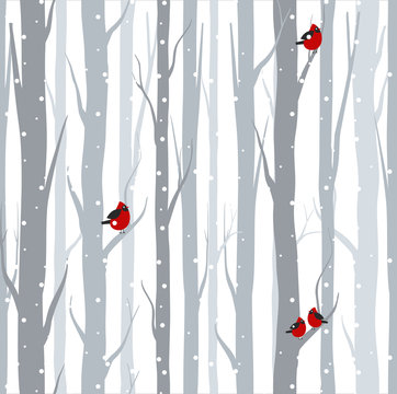 Vector illustration of seamless pattern with grey trees birches and red birds in winter time with snow in flat cartoon style. © Natalia