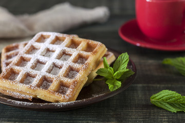 Viennese, Belgian waffles with honey on a white plate.