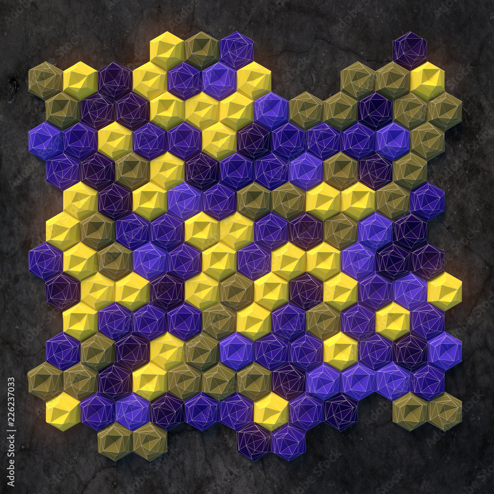 Aufkleber Abstract colored hexagon pattern on dark surface. 3d rendering