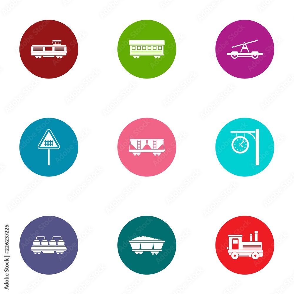 Poster rail delivery icons set. flat set of 9 rail delivery vector icons for web isolated on white backgrou