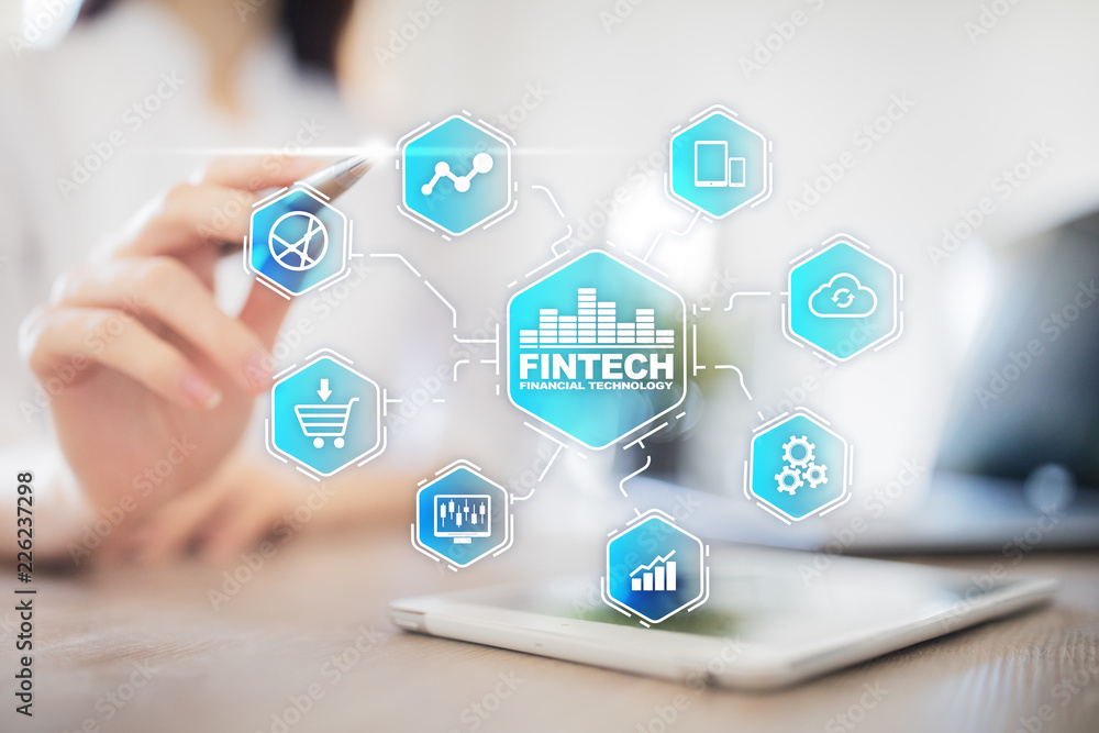 Wall mural fintech. financial technology text on virtual screen. business, internet and technology concept.