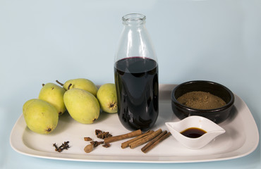 Ingredients Pears with red wine. Pear, cinnamon, sugar, wine.