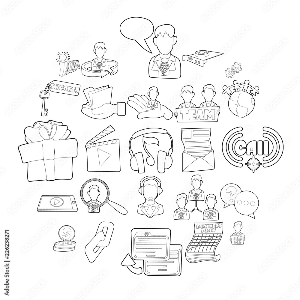 Poster business scope icons set. outline set of 25 business scope vector icons for web isolated on white ba