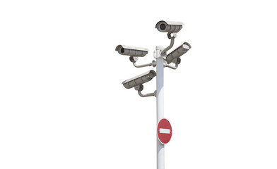 Fototapeta na wymiar video surveilance camera on pole isolated on white background