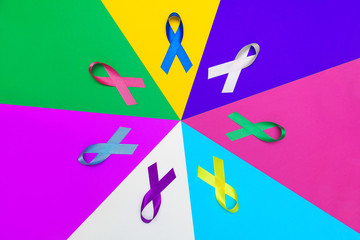 World cancer day background. Colorful ribbons, cancer awareness. multi-colored surface