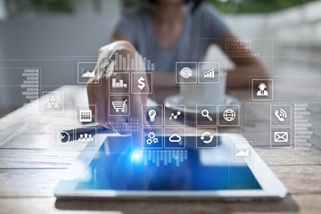 Virtual screen interface with applications icons. APPS. Strategy planning. Internet technology...