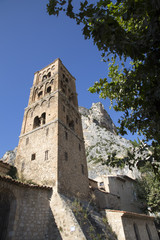 The tenth century village of Moustiers-Sainte-Marie in the Alpes-de-Haute-Provence and the tower of Notre-Dame-de-l'Assomption