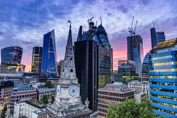 Aerial view of skyscrapers of the world famous bank district of central London at sunset