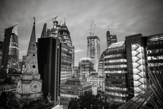 Aerial view of skyscrapers of the world famous bank district of central London. Black and white picture