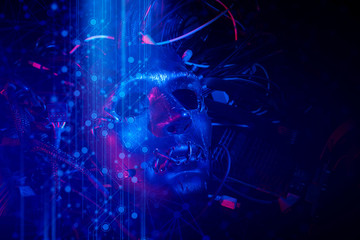 robotic mask face with busy electronic wire in sci-fi technology artificial intelligence network concept, devil hacker in security internet attack by virus
