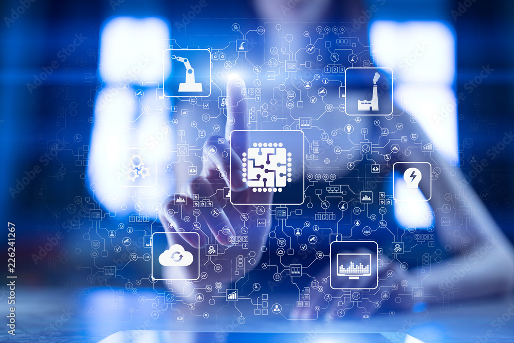 Poster microchip, cpu, processor, microcircuit computing engineering. modernization and business automation