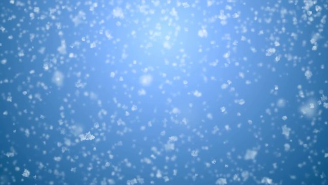 Close-up Big Snow Flakes Flying. Snowfall Seamless on Blue Gradient 3d Animation. Looped White Snowflakes Falling CG with DOF Blur. Holidays Celebration Concept. 4k Ultra HD 3840x2160