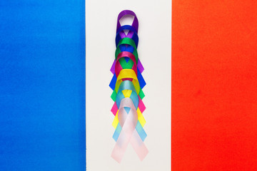 Centre International de Recherche sur le Cancer. World cancer day background. Colorful ribbons, cancer awareness