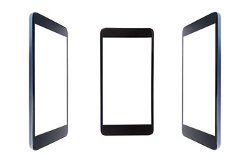 Smartphone black color close-up at different angles of inclination, isolated on white background with isolated screen.