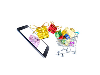 Multicolored gift boxes with beautiful golden bows fly out of the smartphone screen and fall into a gift-filled shopping cart isolated on a white background. 3d photo. Online shopping