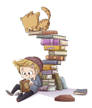 niño leyendo libros con gato jugando