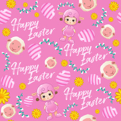 Obraz na płótnie Canvas Baby girl in easter costume surrounding with easter colorful elements for Easter Card Template : Seamless Pattern : Vector Illustration